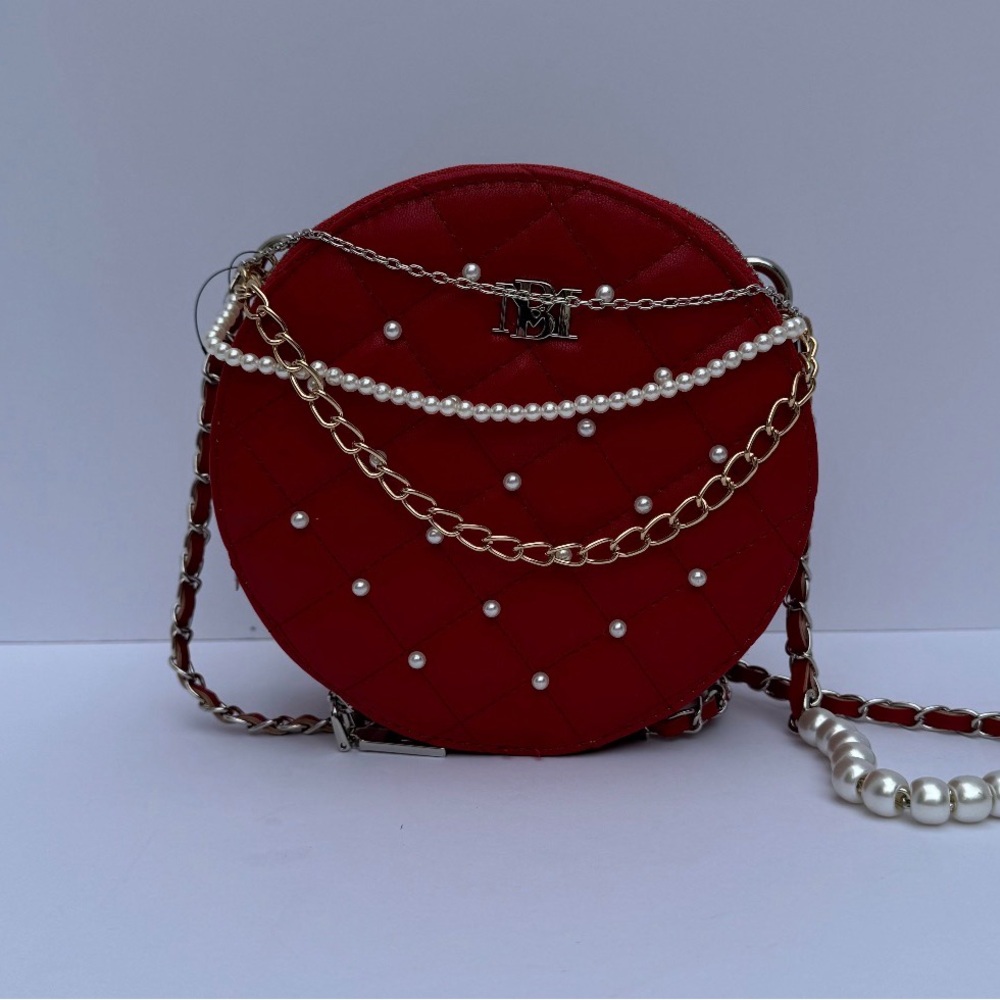 Badgley Mischka Red Quilted Crossbody Bag with Pearl and Chain Details